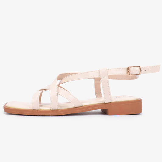 Noorkiz Beige leather woven strap buckle women's sandals